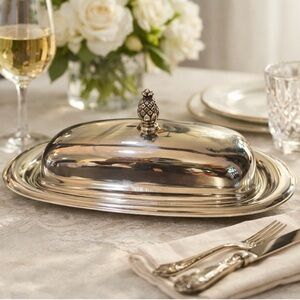 Vintage Silver-Plated Covered Butter Dish Pineapple Finial